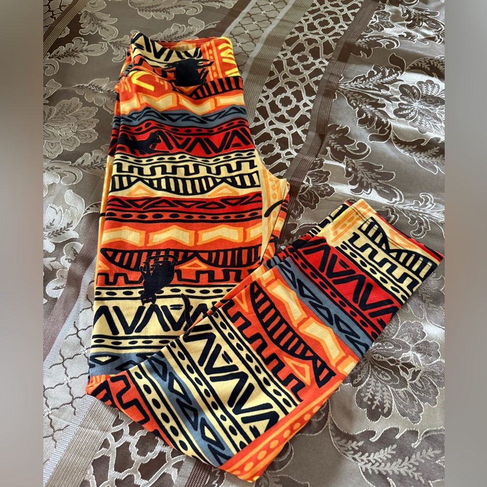 LulaRoe Tribal Print Orange & Yellow Leggings with Black Cat Design
